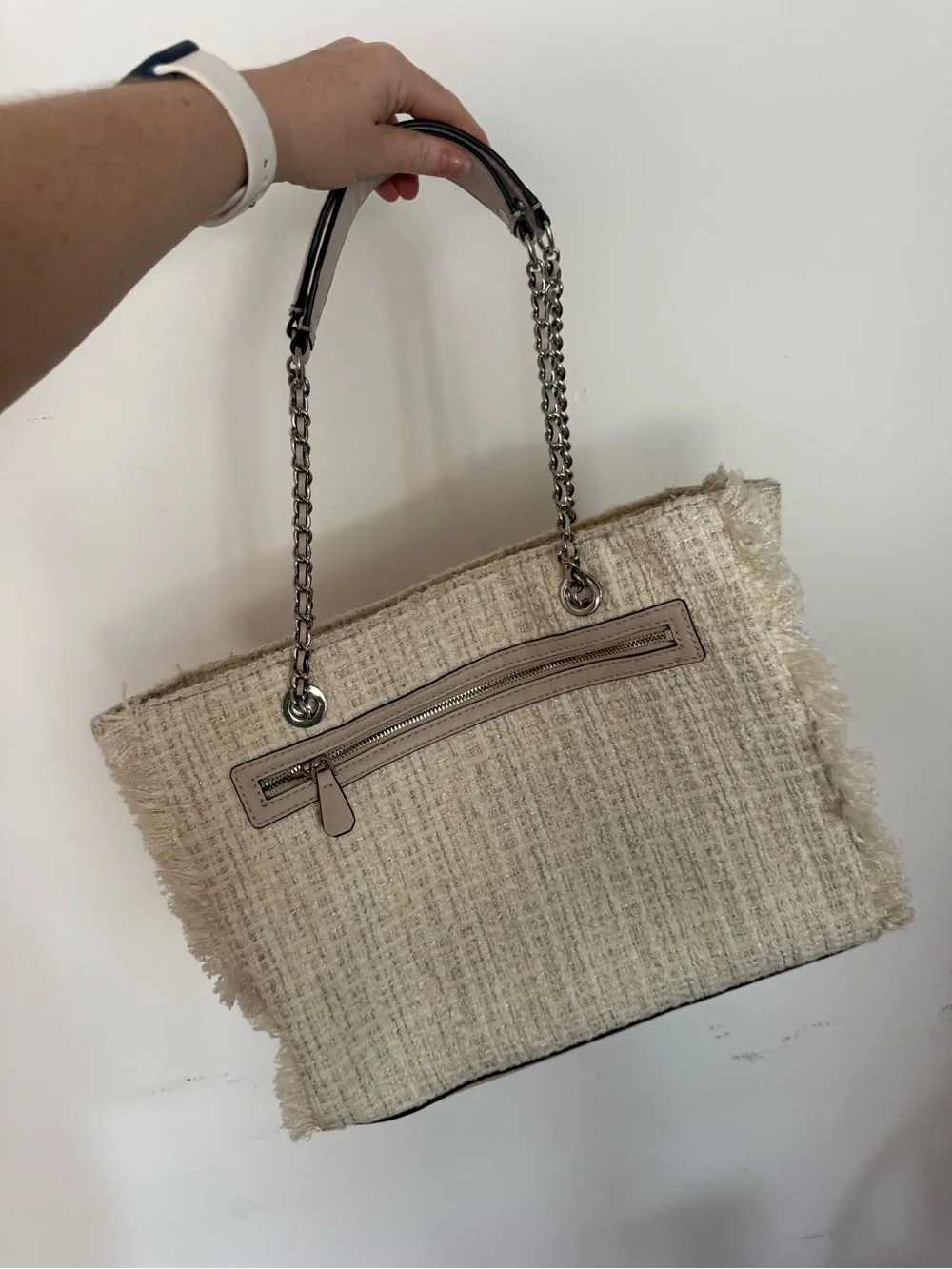 GUESS Cream Tweed Tote with Chain Handles